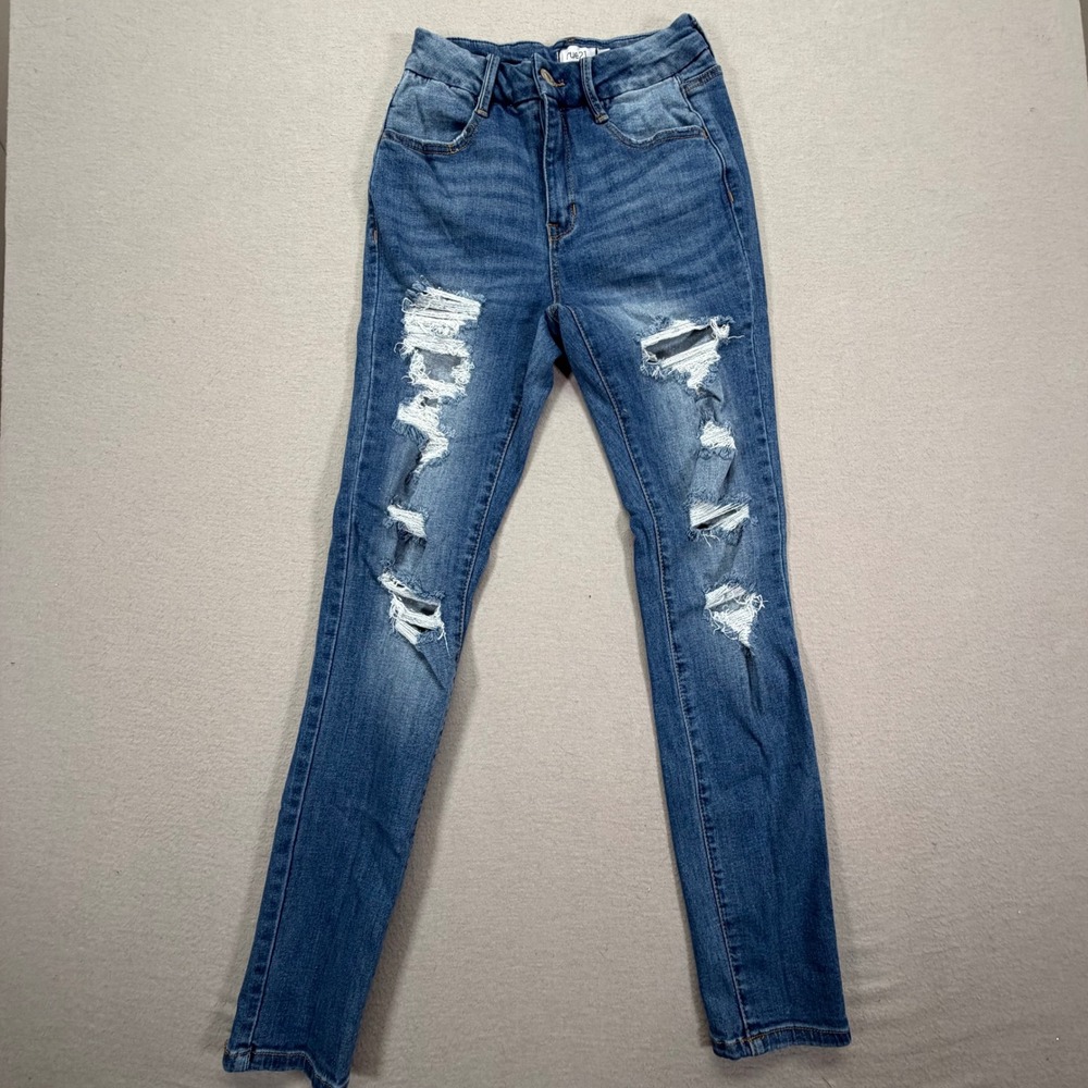 Rue21 Distressed Skinny Jeans Womens 4 Good Blue Ripped High Rise‎ Stretch Denim